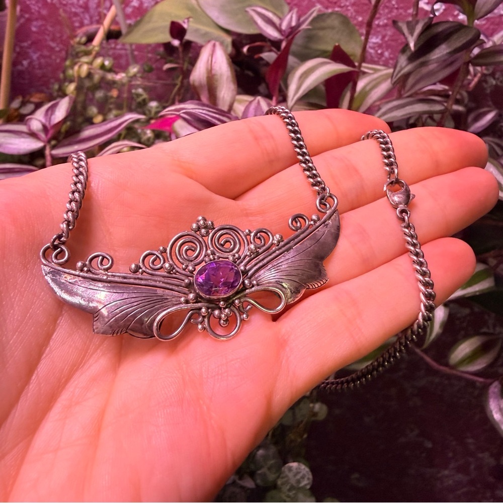 OOAK Sterling Silver 925 Large Purple Gemstone Pendant Necklace Amethyst Fairy
